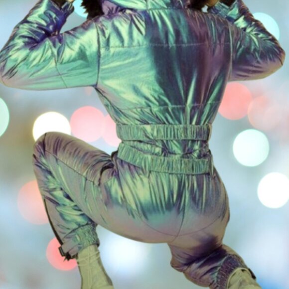 Club Exx Dolls Kill Snow Suit Women Small Ski Aurora Beam Holographic Iridescent - Picture 2 of 8